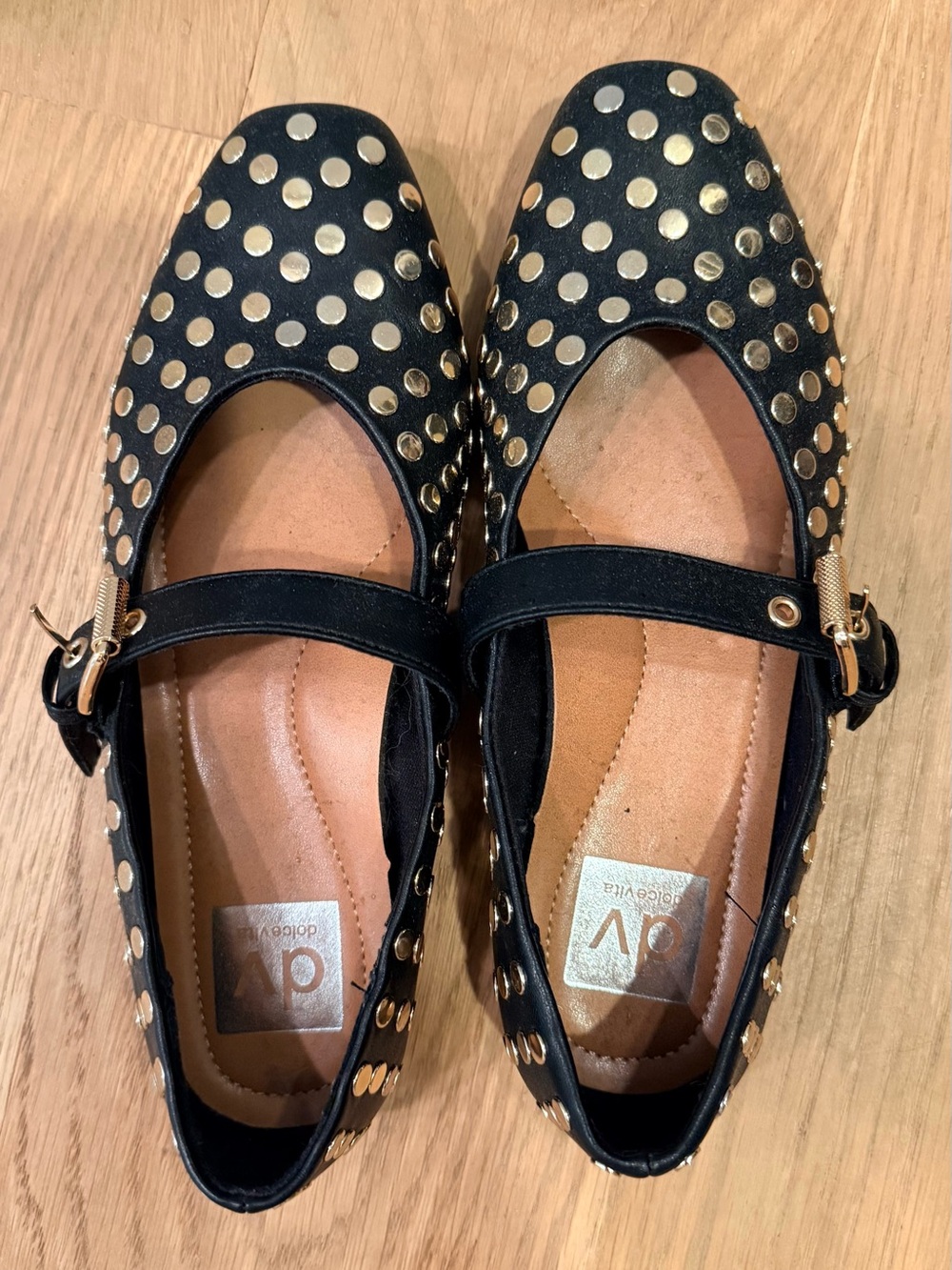 DV by Dolce Vita Black Mary Jane Flats with Gold Stud Accents